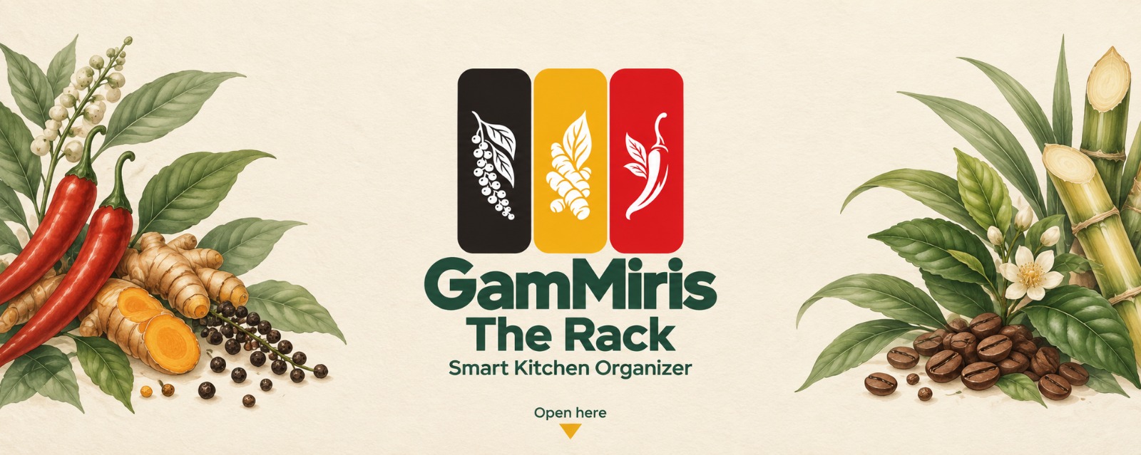 Gammiris — The Rack, Smart Kitchen Organizer, framed by spices, leaves and natural ingredients