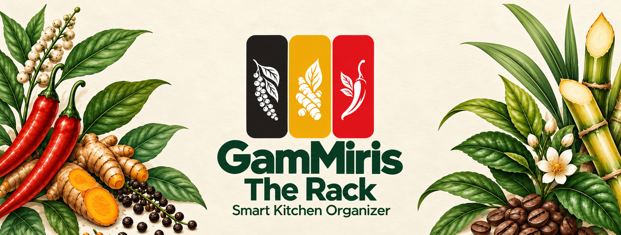 Gammiris — The Rack, Smart Kitchen Organizer, framed by spices, leaves and natural ingredients