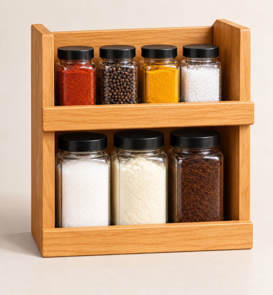 GamMiris The Rack Classic 2-Tier with clear glass jars holding spices and pantry staples